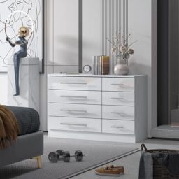 Harmin High Gloss 8 Drawer Sideboard, Cupboard, Buffet Solo, Chest of Drawers in White - thumbnail 2