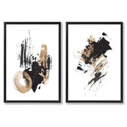 ARTZE Black & Gold Abstract Oil Strokes Set of 2 Art Prints in Black Frames - Size: A2 - thumbnail 2