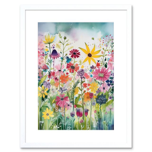 "Artery8 Wall Art Print Bright Wildflower Floral Blooms Folk Artwork Framed 9X7 Inch in White - Size: W7"" x H9""" - image 1