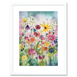 "Artery8 Wall Art Print Bright Wildflower Floral Blooms Folk Artwork Framed 9X7 Inch in White - Size: W7"" x H9""" - thumbnail 1