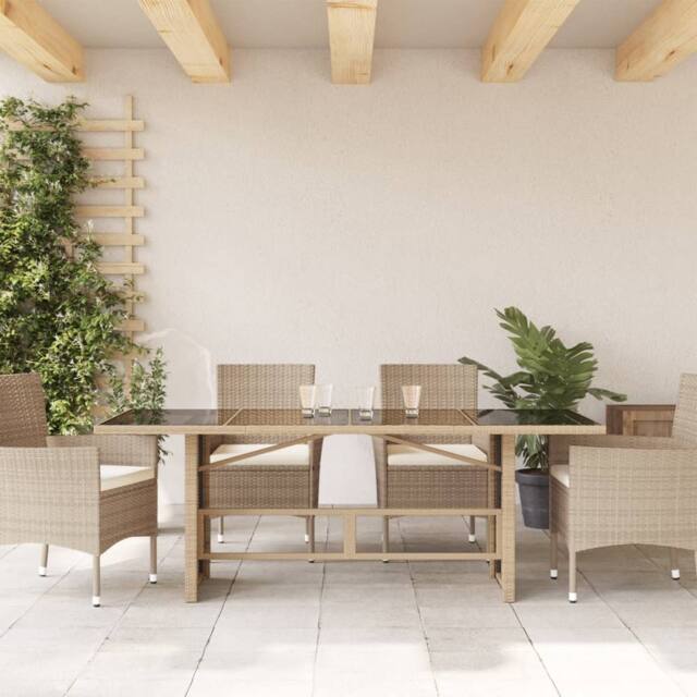 Berkfield Home Garden Table with Glass Top Beige 190x80x74 cm Poly Rattan - Size: 190 x 80 x 74 cm - image 1