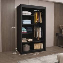 Interior Emporium Ltd IE Milan Sliding Door Wardrobe with Mirror, Drawers & Shelves in Black - Size: 210 cm - thumbnail 3