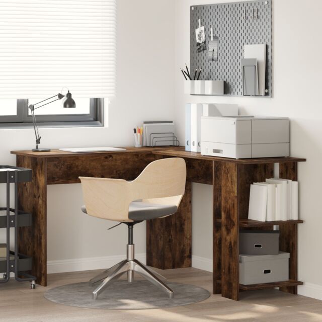 Berkfield Home Corner Desk with Storage Smoked Oak 140x113, 5x75cm in Brown - Size: 5x75 cm