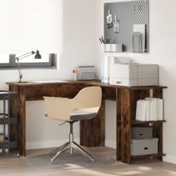 Berkfield Home Corner Desk with Storage Smoked Oak 140x113, 5x75cm in Brown - Size: 5x75 cm - thumbnail 1