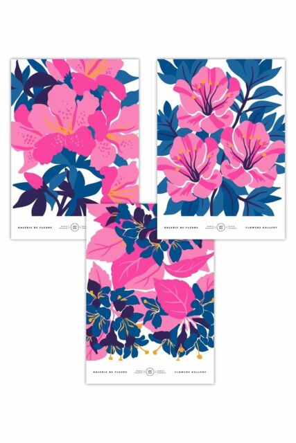 ARTZE Set of 3 Navy Blue & Pink Flower Market Bouquets Art Posters - Size: W42 cm x H59 cm - image 1