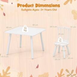 CASART Kids Wooden Table & 2 Chairs Set 3PCS Children Activity Desk Chair Set in White - thumbnail 3