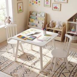 CASART Kids Wooden Table & 2 Chairs Set 3PCS Children Activity Desk Chair Set in White - thumbnail 6