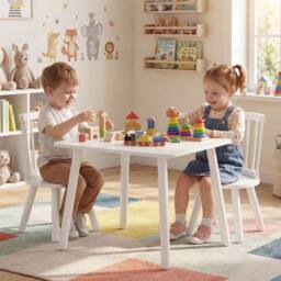 CASART Kids Wooden Table & 2 Chairs Set 3PCS Children Activity Desk Chair Set in White - thumbnail 1