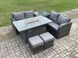 Fimous Rattan Garden Furniture Set with Gas Fire Pit Table 6 Pieces Outdoor Loveseat Sofa Set Dark Grey Mixed - thumbnail 3