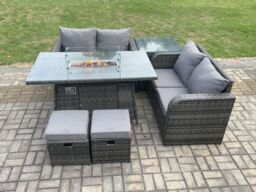 Fimous Rattan Garden Furniture Set with Gas Fire Pit Table 6 Pieces Outdoor Loveseat Sofa Set Dark Grey Mixed - thumbnail 1
