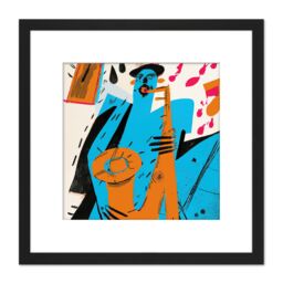 Artery8 Abstract Jazz Saxophone Musical Modern Painting Blue Orange Square Wooden Framed Wall Art Print Picture 8X8 Inch in Black - thumbnail 1