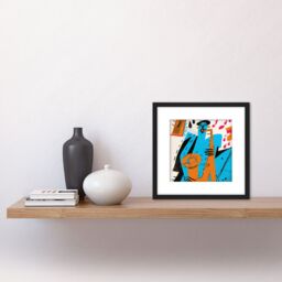 Artery8 Abstract Jazz Saxophone Musical Modern Painting Blue Orange Square Wooden Framed Wall Art Print Picture 8X8 Inch in Black - thumbnail 2