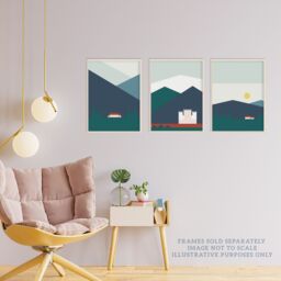 Artery8 Wall Art Print Pack of 3 A4 Geometric Bold Colour Scottish Mountain Countryside House & Castle Landscape Living Room s Set - thumbnail 3