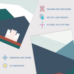 Artery8 Wall Art Print Pack of 3 A4 Geometric Bold Colour Scottish Mountain Countryside House & Castle Landscape Living Room s Set - thumbnail 4