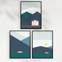 Artery8 Wall Art Print Pack of 3 A4 Geometric Bold Colour Scottish Mountain Countryside House & Castle Landscape Living Room s Set - thumbnail 5