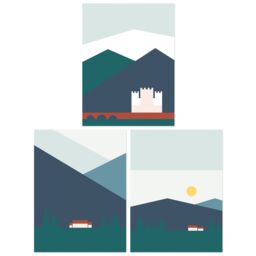 Artery8 Wall Art Print Pack of 3 A4 Geometric Bold Colour Scottish Mountain Countryside House & Castle Landscape Living Room s Set - thumbnail 1