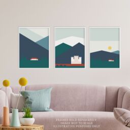 Artery8 Wall Art Print Pack of 3 A4 Geometric Bold Colour Scottish Mountain Countryside House & Castle Landscape Living Room s Set - thumbnail 2