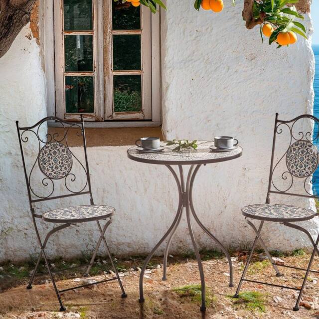 Wyld and Coco Black Metal Bistro Set 2 Foldable Table and Chairs Ceramic Floral - image 1