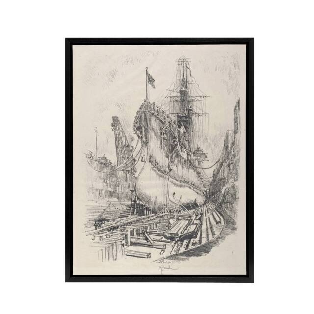 "Artery8 Joseph Pennell Large Warship In the Dry Dock Framed Canvas Art Print in Grey - Size: W12"" x H16""" - image 1