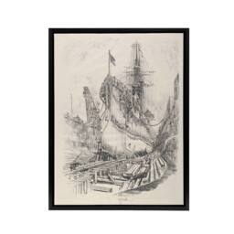 "Artery8 Joseph Pennell Large Warship In the Dry Dock Framed Canvas Art Print in Grey - Size: W12"" x H16""" - thumbnail 1