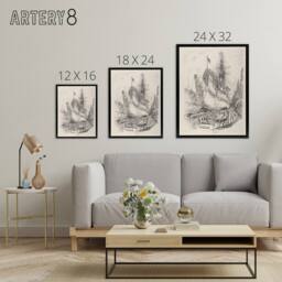 "Artery8 Joseph Pennell Large Warship In the Dry Dock Framed Canvas Art Print in Grey - Size: W12"" x H16""" - thumbnail 4