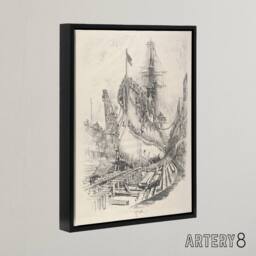 "Artery8 Joseph Pennell Large Warship In the Dry Dock Framed Canvas Art Print in Grey - Size: W12"" x H16""" - thumbnail 2