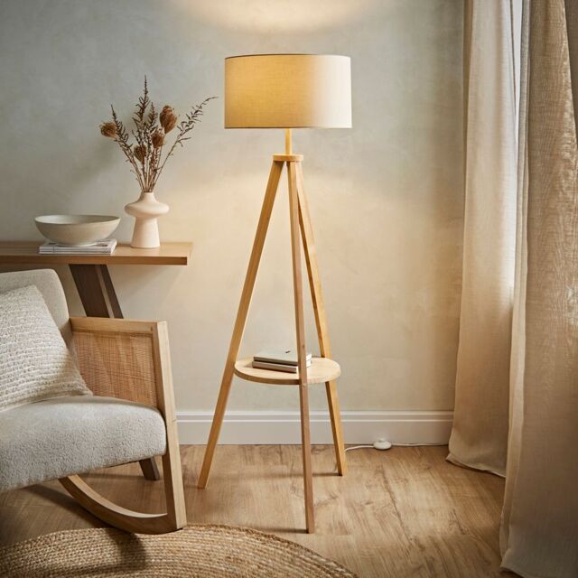 ValueLights Morrigan Natural Wood Tripod Floor Lamp & Fabric Drum Shade & Bulb - image 1