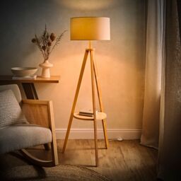 ValueLights Morrigan Natural Wood Tripod Floor Lamp & Fabric Drum Shade & Bulb - thumbnail 2