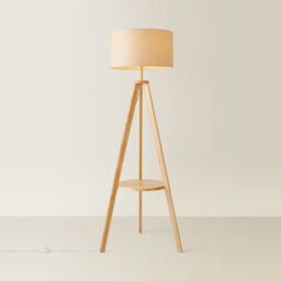 ValueLights Morrigan Natural Wood Tripod Floor Lamp & Fabric Drum Shade & Bulb - thumbnail 6