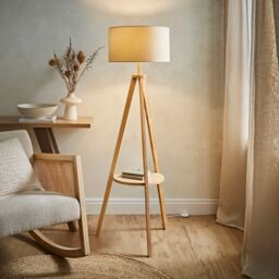 ValueLights Morrigan Natural Wood Tripod Floor Lamp & Fabric Drum Shade & Bulb - thumbnail 1