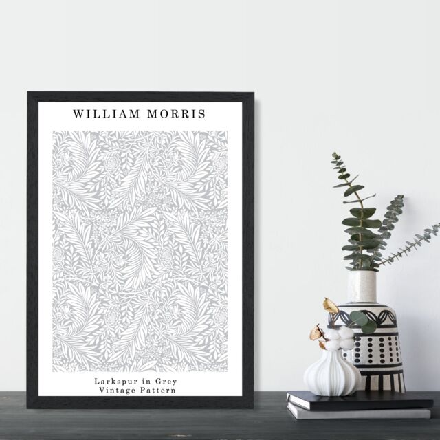 ARTZE William Morris Larkspur in Grey Art Print / Black Frame / SIZE: A3 in Light Grey - Size: A4 - image 1