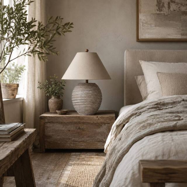 Wyld Haus Montresor Ribbed Ceramic Table Lamp Aged Wood Finish Cream Linen Shade in Brown - image 1