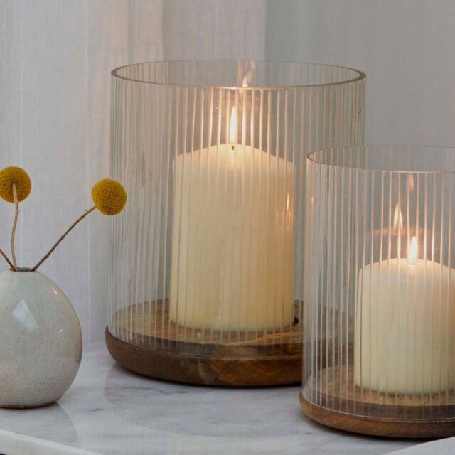 Ivyline Amelia Ribbed Glass Wooden Candle Holder H23cm D20cm-Premium quality -Best seller - Also available in H19.5cm W16cm in Natural - image 1