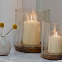 Ivyline Amelia Ribbed Glass Wooden Candle Holder H23cm D20cm-Premium quality -Best seller - Also available in H19.5cm W16cm in Natural - thumbnail 1