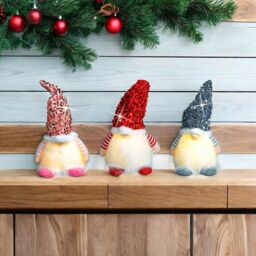 mysmartbuy Set of 3 Christmas Light Up Gonks - Festive Xmas Scandi Faceless Gonk Gnome Santa Novelty Decoration - 1 Pink, Silver & Red