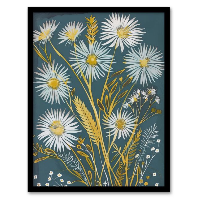"Artery8 Aster Wildflowers Painting Floral Wheat Harvest Framed Art Print in Blue - Size: W12"" x H16""" - image 1