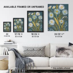 "Artery8 Aster Wildflowers Painting Floral Wheat Harvest Framed Art Print in Blue - Size: W12"" x H16""" - thumbnail 3
