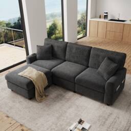 Merax Chenille Corner Sofa with Footstool, Cushions & USB/Type-C Ports in Dark Grey