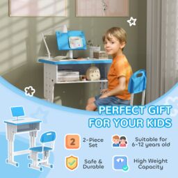 HOMCOM Kids Desk & Chair Set Adjustable Height Study Table Set w/ Drawer in Blue - thumbnail 4