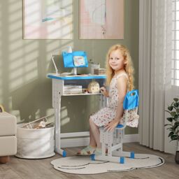 HOMCOM Kids Desk & Chair Set Adjustable Height Study Table Set w/ Drawer in Blue