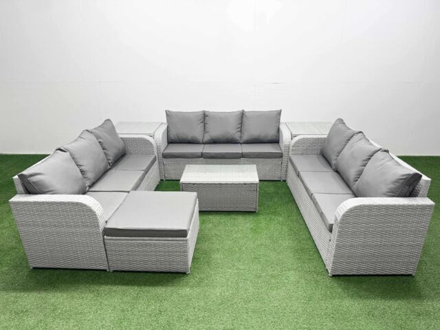 Fimous PE Rattan Lounge Sofa Set 10 Seater Outdoor Garden Furniture Set w/ Rectangular Coffee Table 3 Seater Sofa Big Footstool 2 Side Table Light - image 1