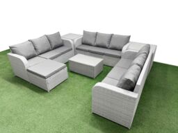 Fimous PE Rattan Lounge Sofa Set 10 Seater Outdoor Garden Furniture Set w/ Rectangular Coffee Table 3 Seater Sofa Big Footstool 2 Side Table Light - thumbnail 2