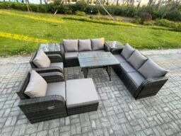 Fimous 9 Seater Rattan Outdoor Garden Furniture Sofa Set Patio Table & Chairs Set with 3 Seater Sofa Rectangular Dining Table 2 Side Tables - thumbnail 2