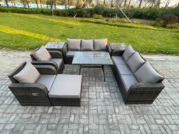 Fimous 9 Seater Rattan Outdoor Garden Furniture Sofa Set Patio Table & Chairs Set with 3 Seater Sofa Rectangular Dining Table 2 Side Tables - thumbnail 1