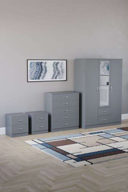 Home Discount Vida Designs 4Pc Bedroom Set 2x2Bedside, 5 Drawer, 3Dr Mirror Wardrobe in Grey - image 1