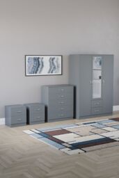 Home Discount Vida Designs 4Pc Bedroom Set 2x2Bedside, 5 Drawer, 3Dr Mirror Wardrobe in Grey - thumbnail 1