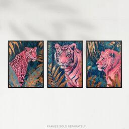 Artery8 Set of 3 Pink Tiger Leopard Lion Gold Teal Jungle A4 Size Art Prints - thumbnail 5