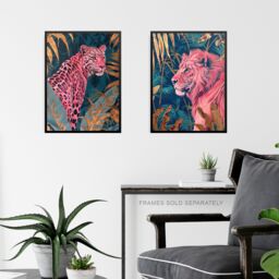 Artery8 Set of 3 Pink Tiger Leopard Lion Gold Teal Jungle A4 Size Art Prints - thumbnail 6
