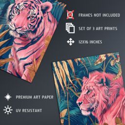 Artery8 Set of 3 Pink Tiger Leopard Lion Gold Teal Jungle A4 Size Art Prints - thumbnail 4