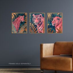 Artery8 Set of 3 Pink Tiger Leopard Lion Gold Teal Jungle A4 Size Art Prints - thumbnail 2